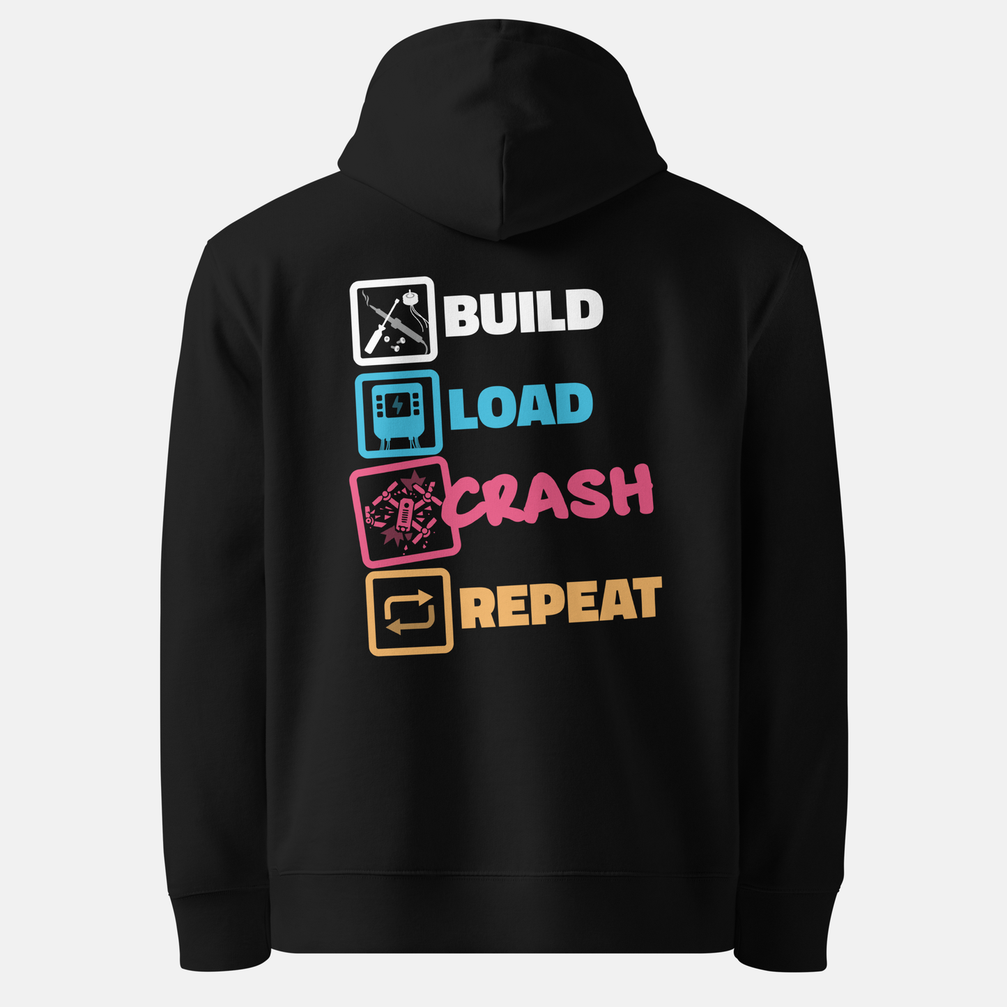 BUILD. LOAD. CRASH. REPEAT. HOODIE | BLACK